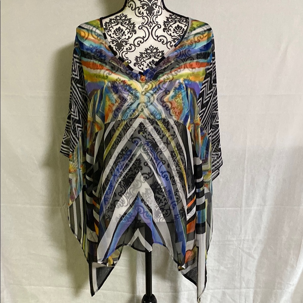Chico's Semisheer Multicolor Cool Abstract Poncho V Neck with arm holds EUC